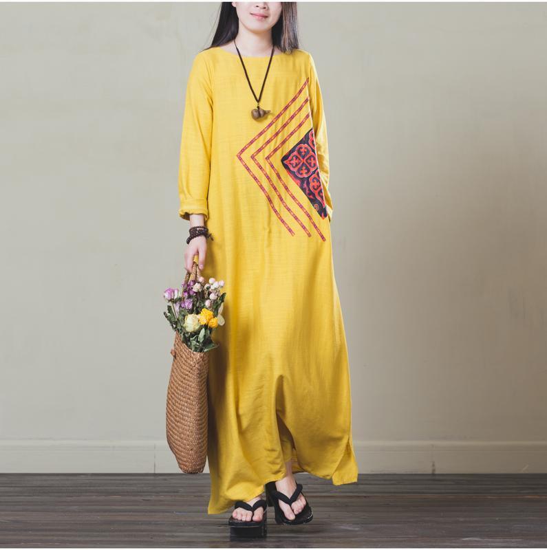 vintage yellow printed maxi long sleeve dress – Online Clothing Boutique